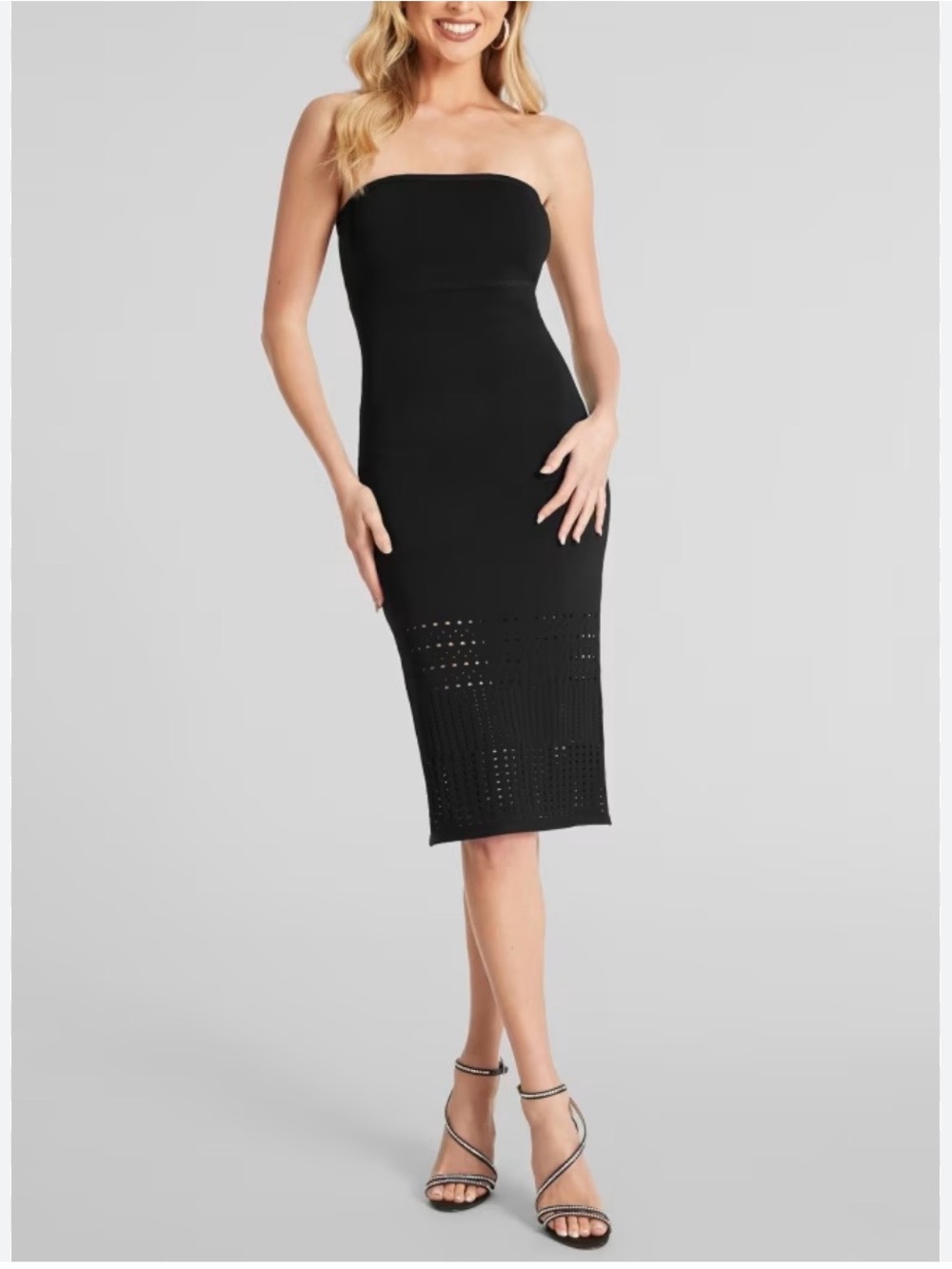 Marciano Strapless Black Midi Dress with Eyelet Knit Hem